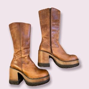 LONDON UNDERGROUND Y2K Platform Chunky Heel Sole Zip Brown Leather Boots Sz 8